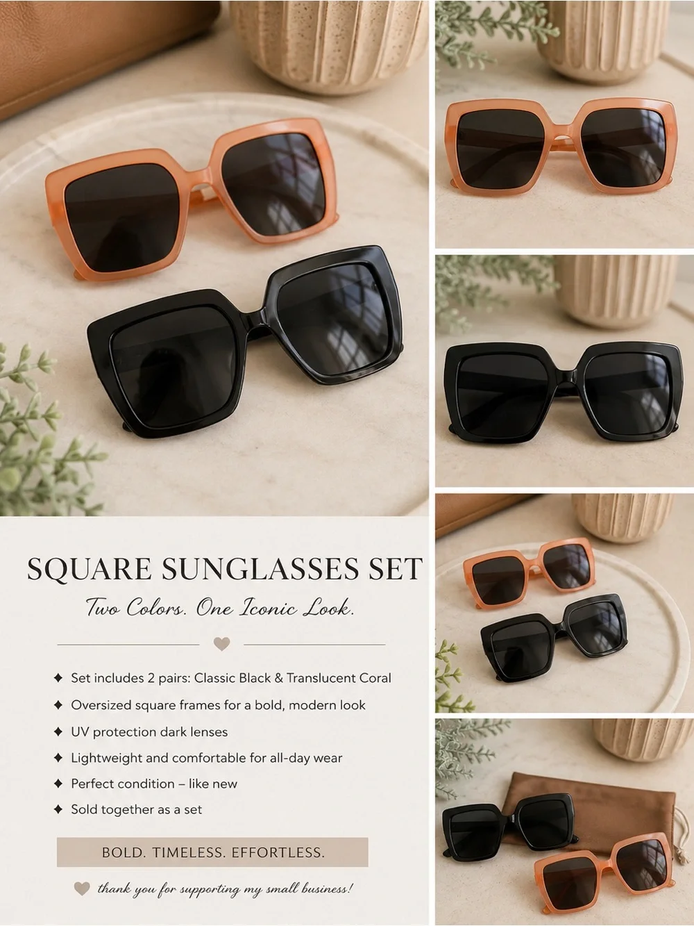 Oversized Square Sunglasses - Black & Peach Frames both same style